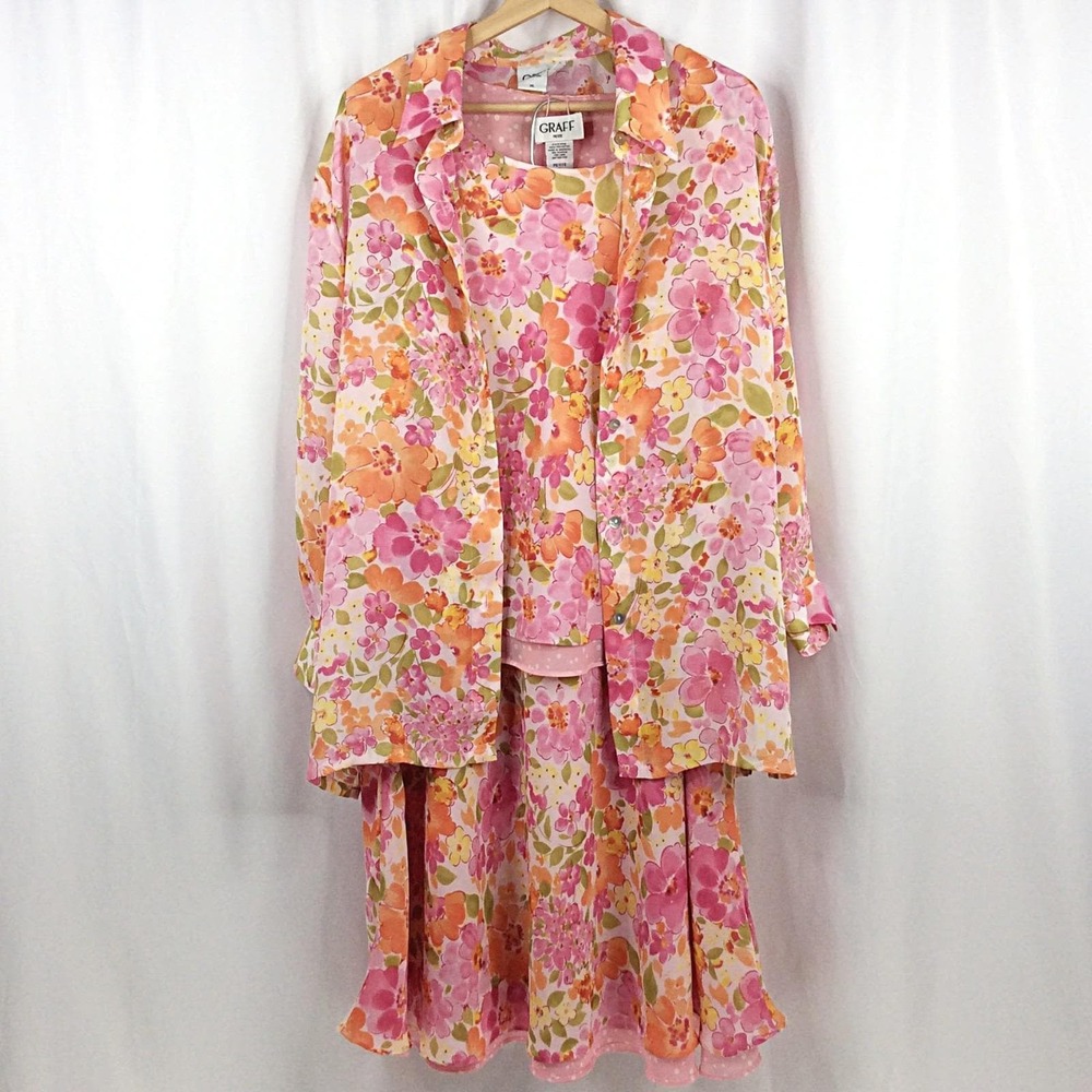 VTG Graff 3 PC Reversible Dress Set Women's XL Pink Floral Polka Dot Skirt Tank